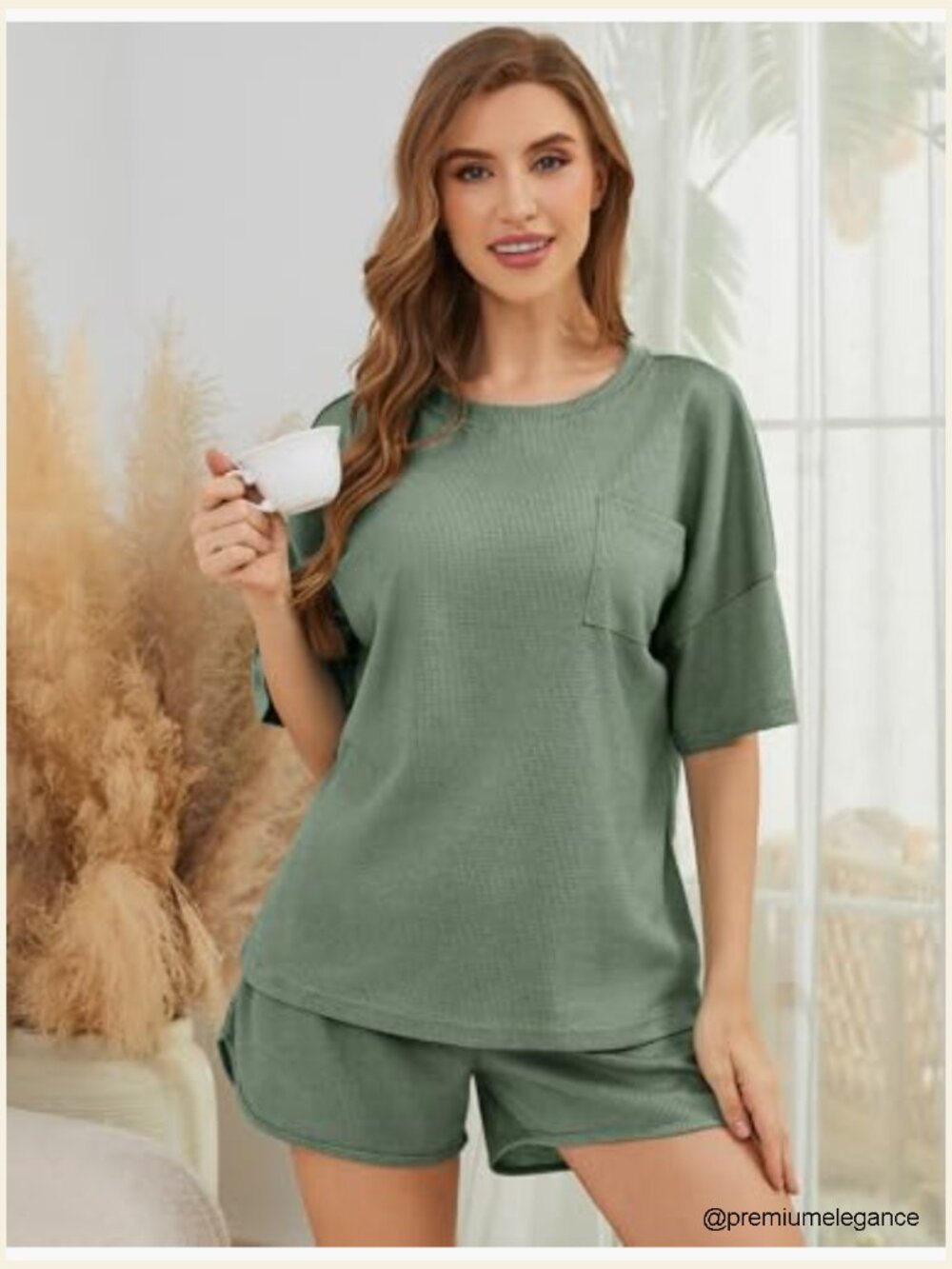 Waffle Knit Lounge Set Short Sleeve Top & Shorts 2 Piece Pajamas with Pockets - Picture 3 of 7